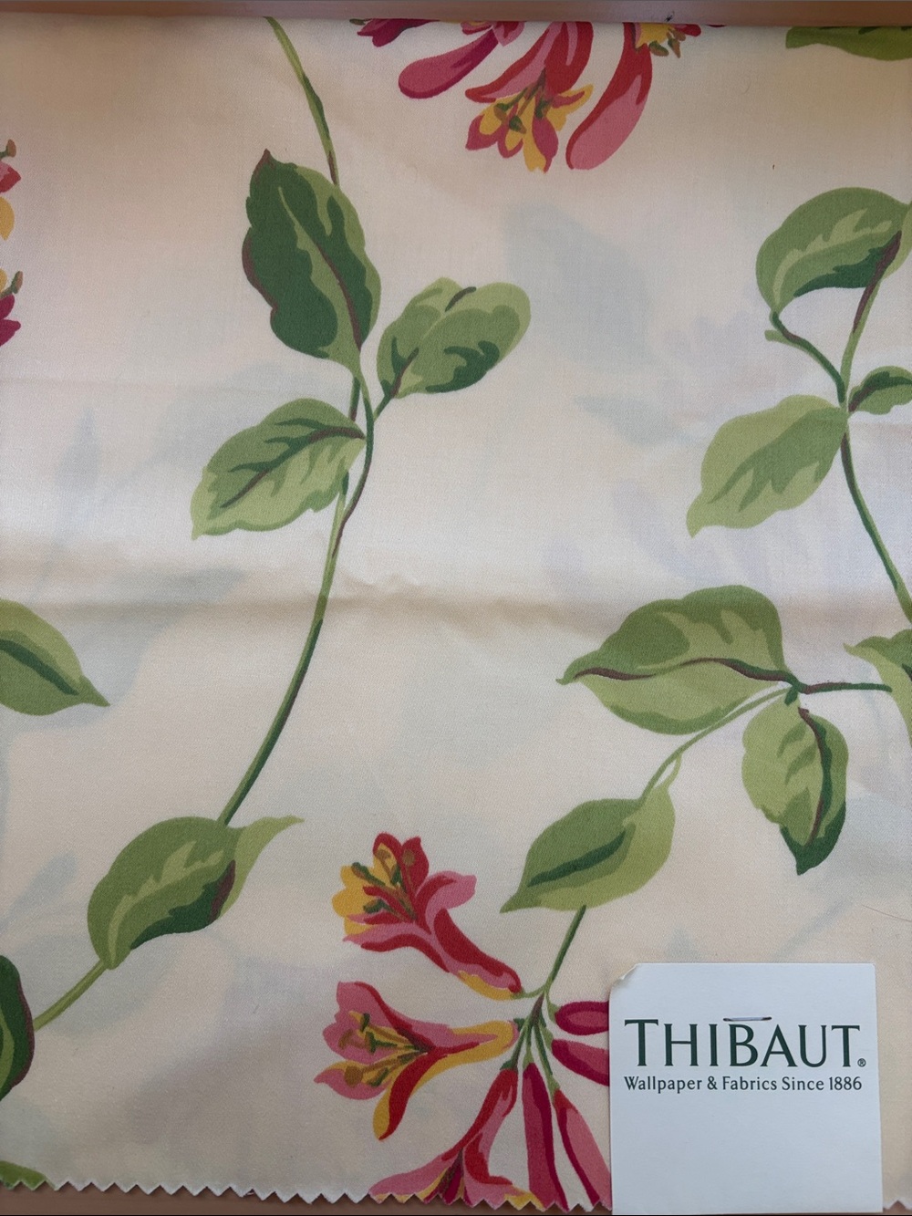 Thibaut Floral Fabric - Creamy Background with Green Leaves & Pink Flowers